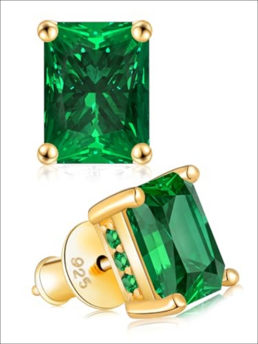 Created Emerald Stud Earrings 925 Sterling Silver Gold Plated 2 Carat Solitaire